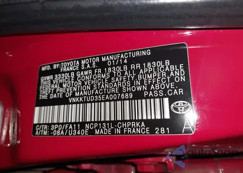 2014 Toyota Yaris L (Tmmf Plant) z USA, uszkodzony, nr VIN VNKKTUD35EA007689